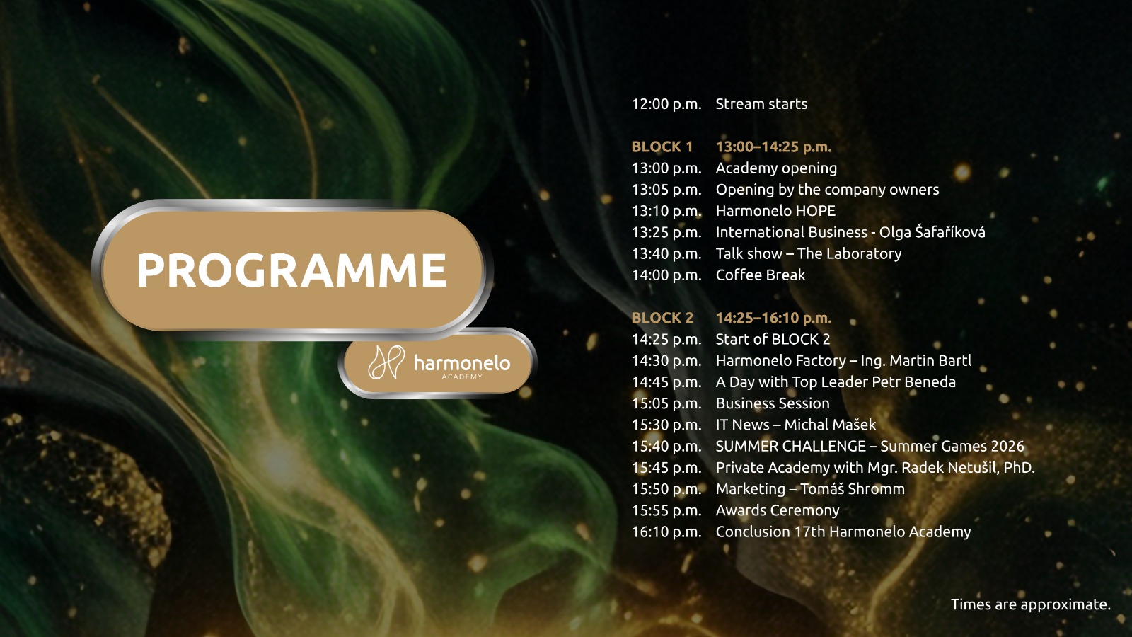 Официална програма на 17-ата „Harmonelo Academy“. Предаването започва в 12:00, основната програма е от 13:00 до 16:10; цялата програма е представена и в текстови вид в статията.  