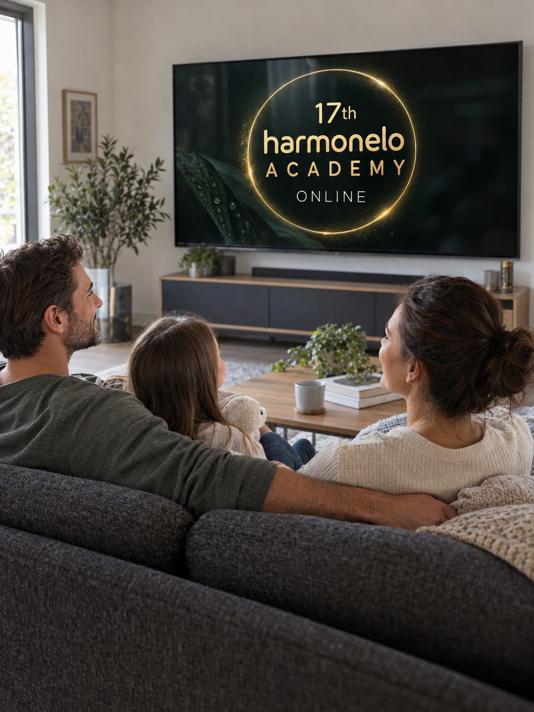 Ilustrační scéna rodiny sledující doma 17. Harmonelo Academy Online na televizi. Vytvořeno pomocí AI.